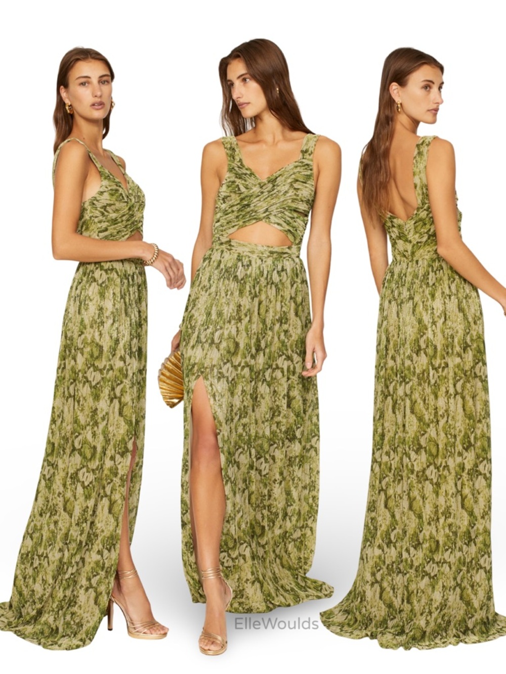 Dress the Population Mirabella Gown Green Maxi Cutouts Size Medium $268 Retail